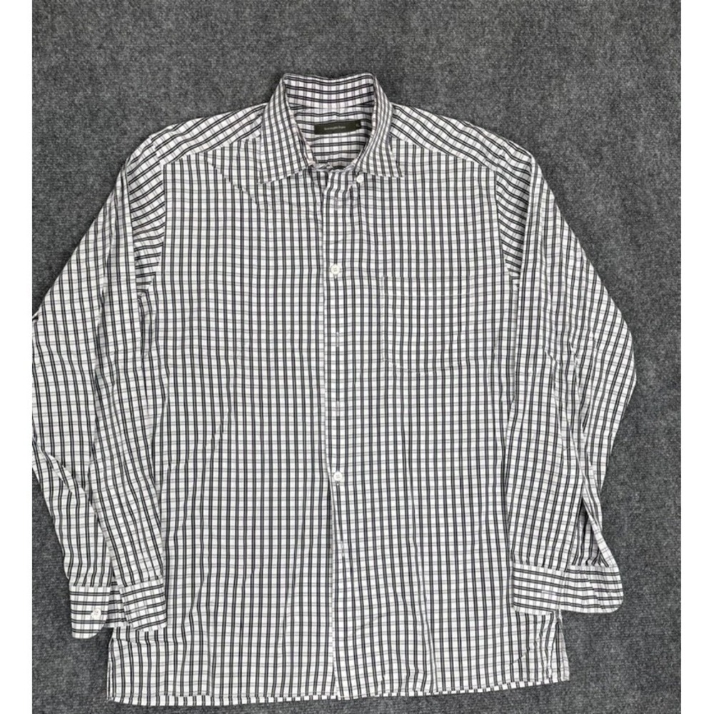 Ermenegildo Zegna White Plaid ‎ Button Down Shirt Long Sleeve Cotton Size XL